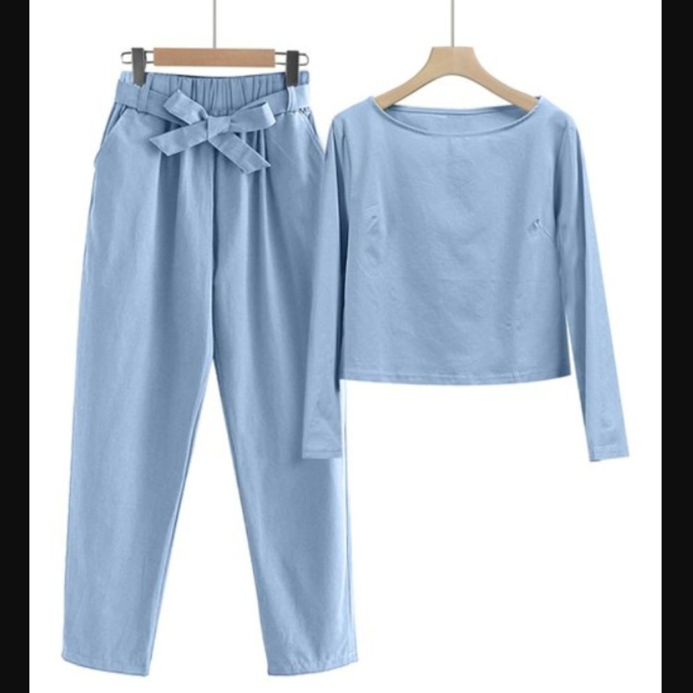 Blue Boatneck Long-Sleeve Top & Tie-Waist Pants